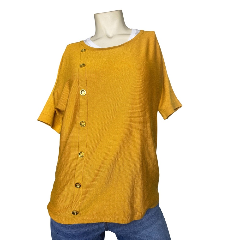 Cable & Gauge Yellow Knit Button Side Top Womens Large Short Sleeve